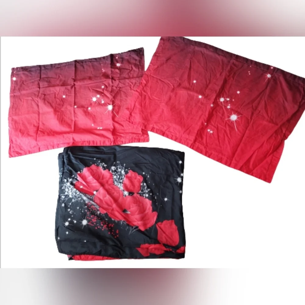 Queen Duvet Cover Set Black Red Roses Floral w/ 2 Pillow Shams Romantic Bedding